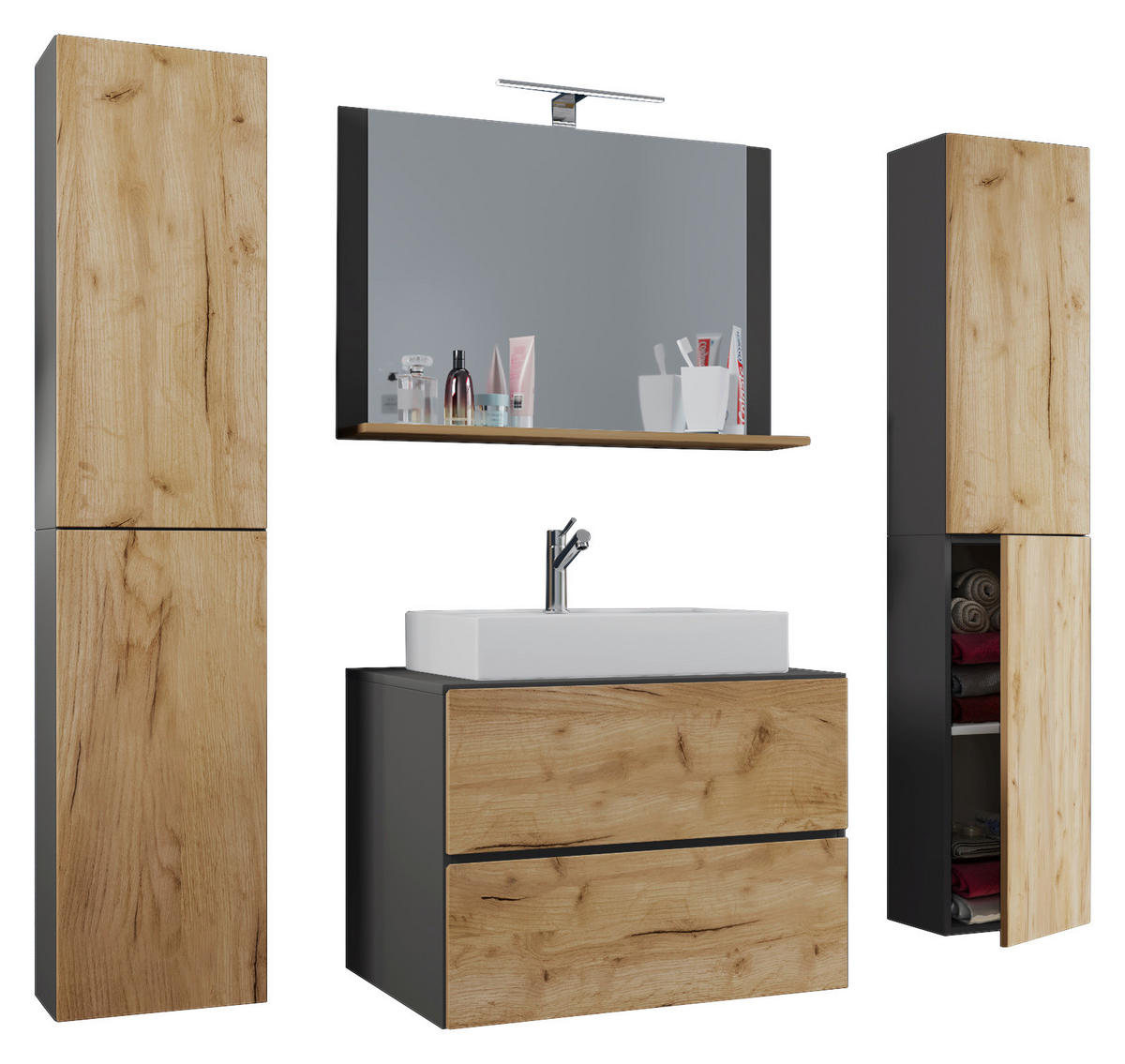 Waschplatz 5tlg-Lendas weiß anthrazit Eiche Honig Nachbildung B/H/T: ca. 80x52x52 cm 5tlg-Lendas - Eiche/weiß (80,00/52,00/52,00cm) - VCM Möbel