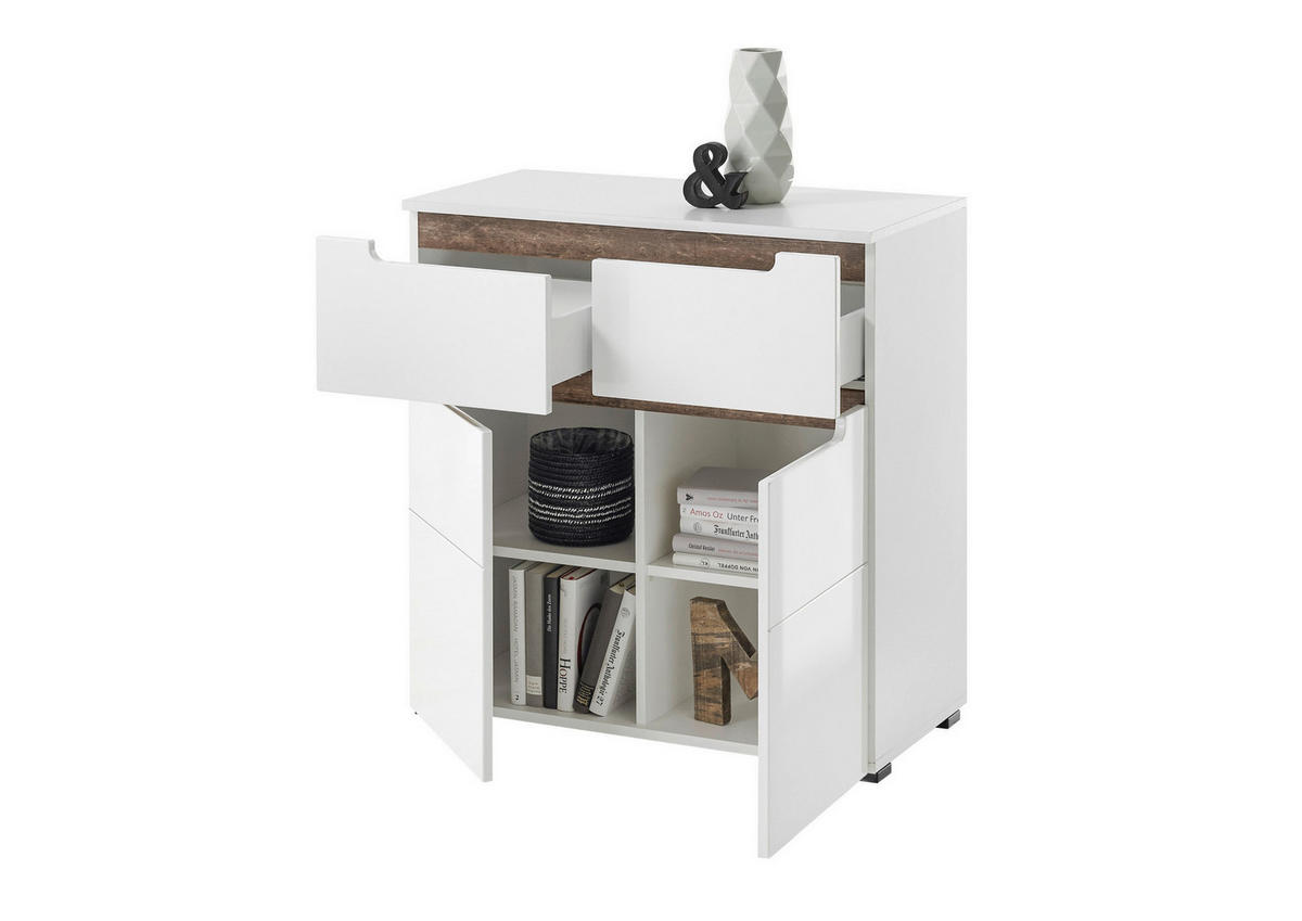 Kommode Turin weiß weiß Hochglanz Old Wood Nachbildung B/H/T: ca. 80x83x40 cm Turin - weiß (80,00/83,00/40,00cm)