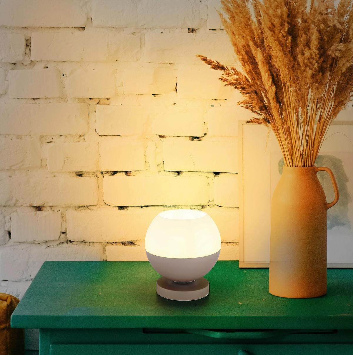 GLOBO Tischleuchte weiß Opal sand Metall Textil Glas H/D: ca. 21x20 cm E27 1 Brennstellen RAGUSA - sand/weiß (20,00/21,00cm) - GLOBO