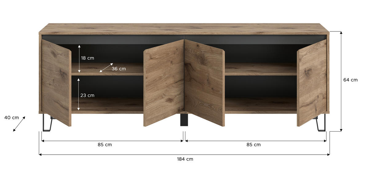 TV-Lowboard Balton Oak Eiche Viking Nachbildung B/H/T: ca. 184x67x40 cm Balton - Oak (184,00/67,00/40,00cm)