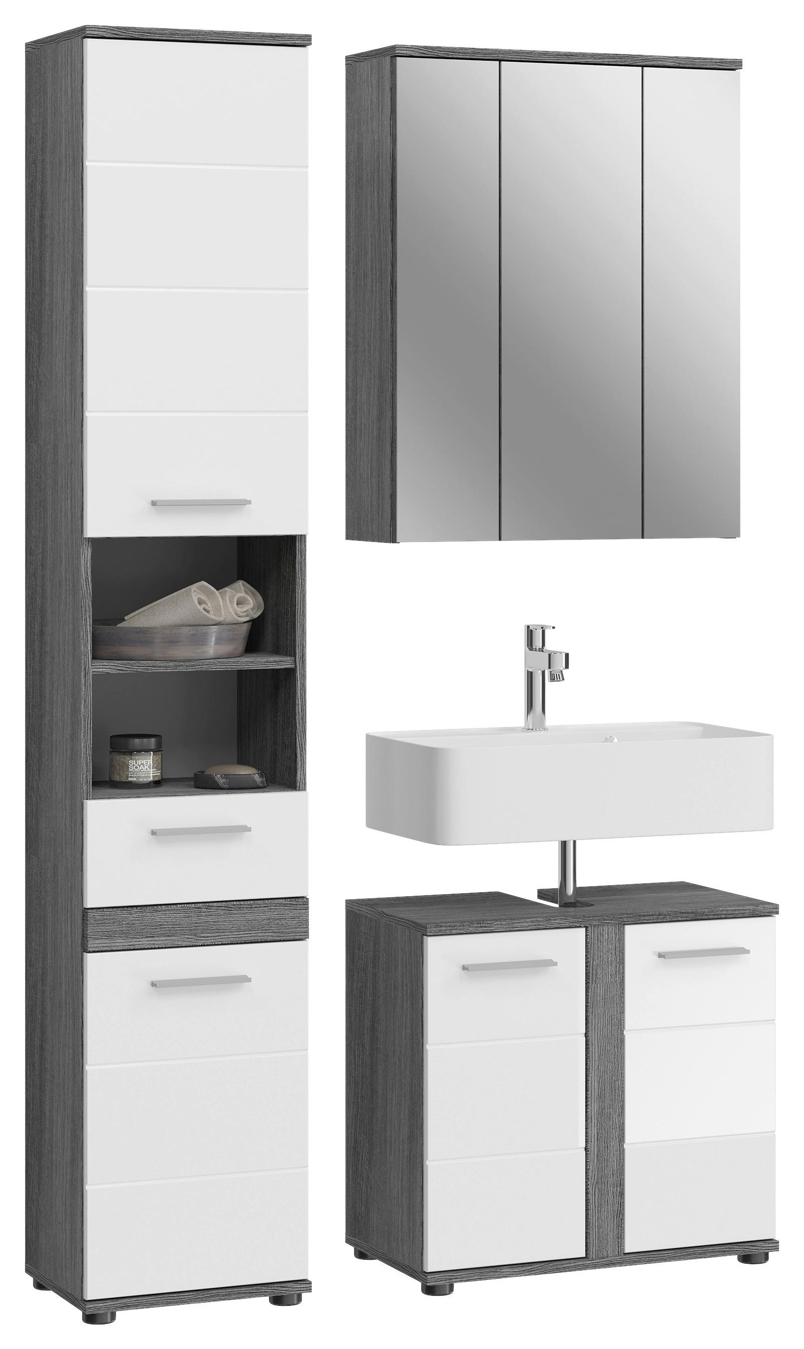 Badezimmer-Set BLAKE Rauchsilber Nachbildung weiß Hochglanz B/H/T: ca. 114x191x34 cm BLAKE - weiß (114,00/191,00/34,00cm) - xonox.home