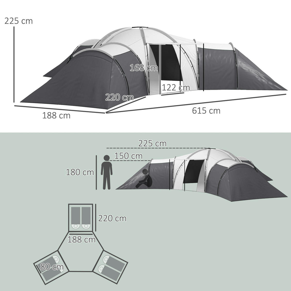 Outsunny Campingzelt B/H/L: ca. 615x225x615 cm Campingzelt - grau (615,00/615,00/225,00cm) - Outsunny
