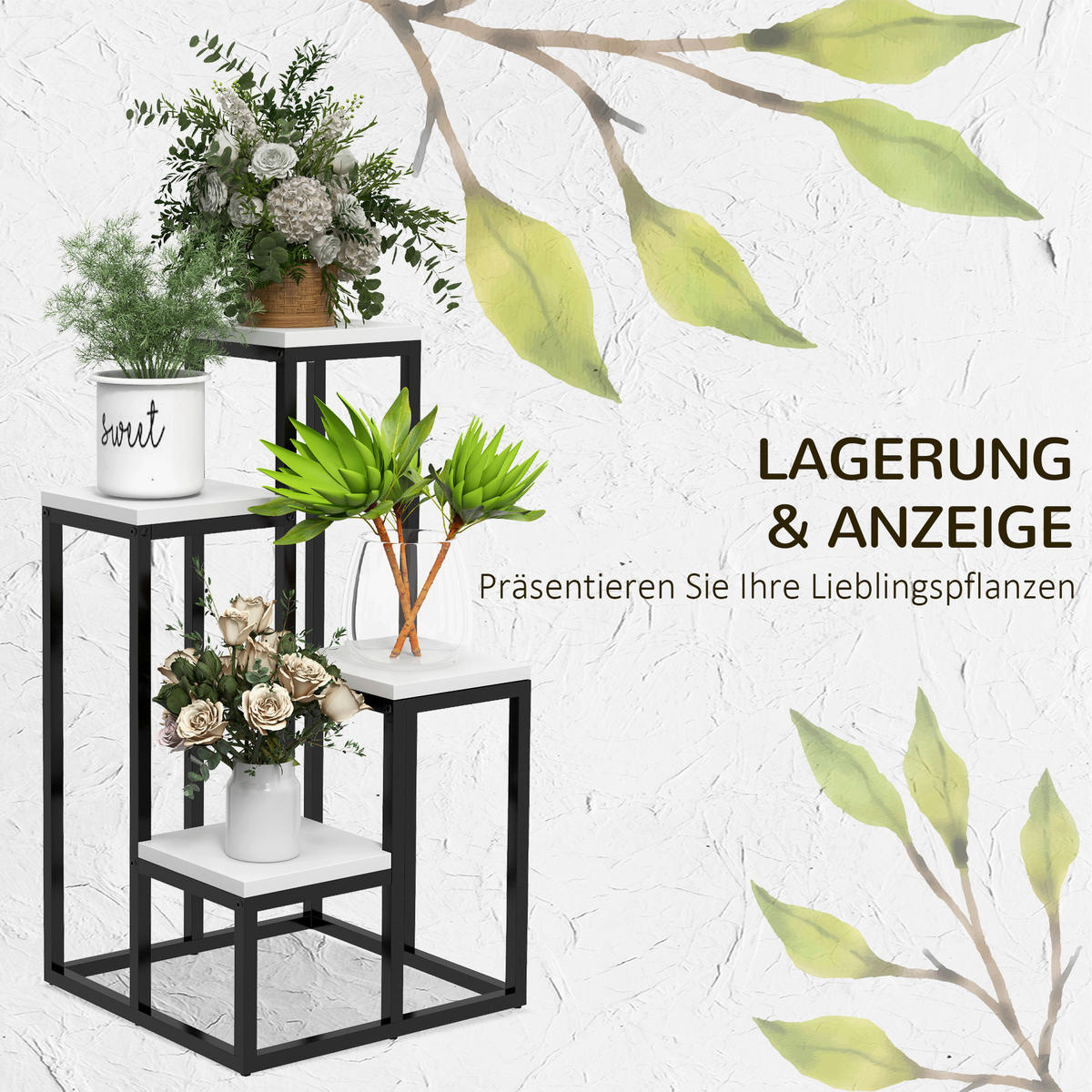 Outsunny Pflanzenständer weiß Holz B/H/L: ca. 34x70x34 cm Pflanzenständer - weiß/schwarz (34,00/34,00/70,00cm) - Outsunny