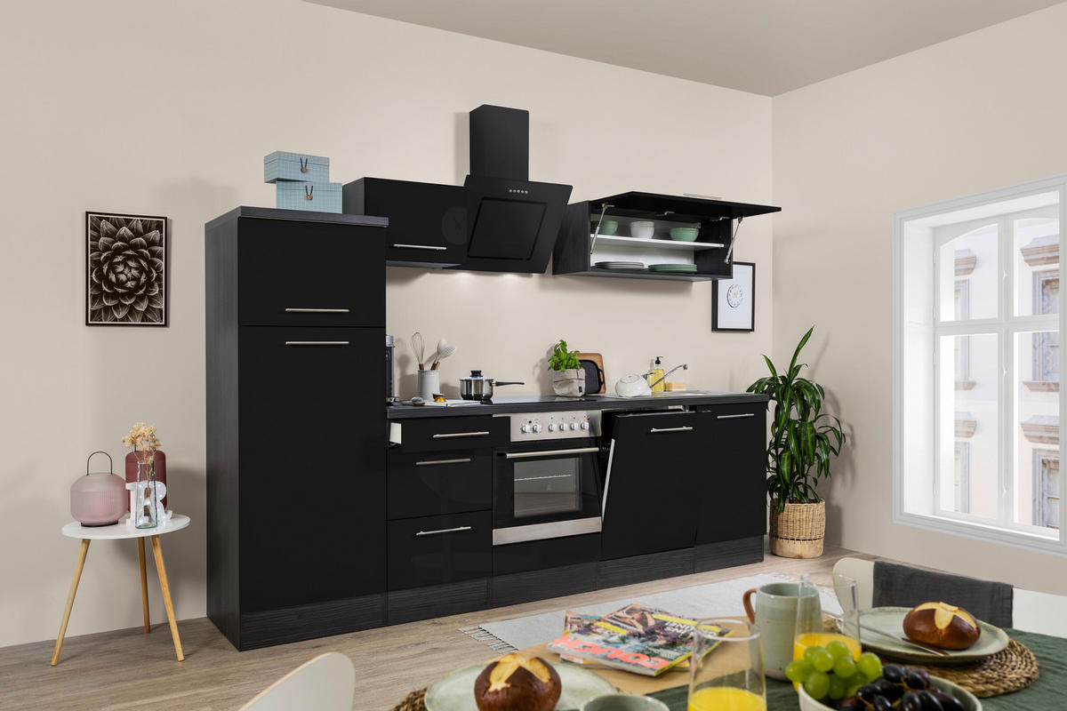 Respekta Küchenblock Premium schwarz hochglänzend B/H/T: ca. 280x200x60 cm Premium - Eiche/schwarz (280,00/200,00/60,00cm) - Respekta