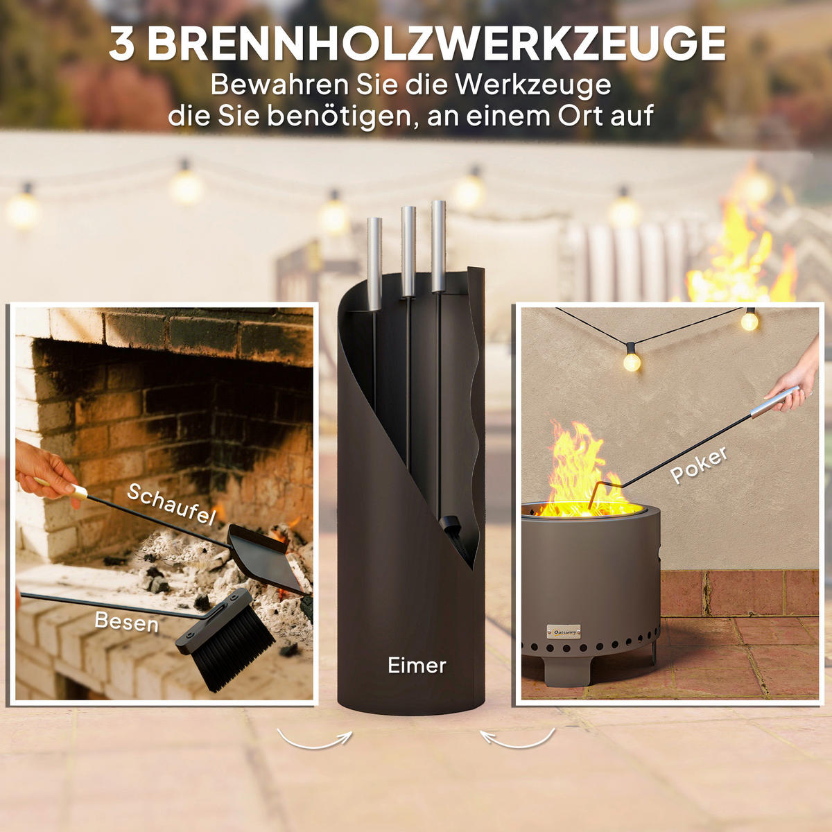 Outsunny Kaminbesteck schwarz B/H/L: ca. 20x65x20 cm Kaminbesteck - schwarz (20,00/20,00/65,00cm) - Outsunny