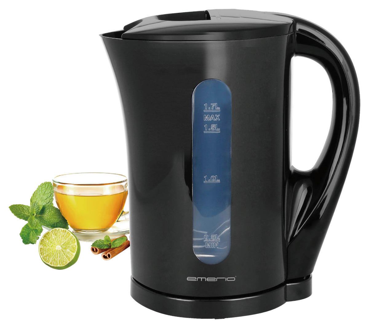 Emerio Wasserkocher WK-123483 schwarz Kunststoff H/D: ca. 21,6x17 cm ca. 1,7 l Wasserkocher WK-123483 - schwarz (17,00/21,60cm) - Emerio