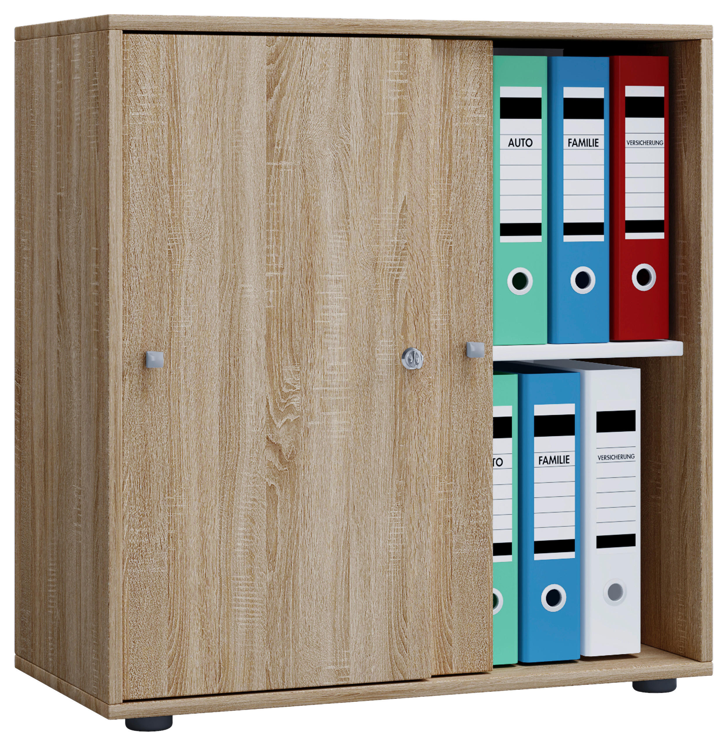 Büroschrank Lona L mit Schiebetüren Eiche Sonoma Nachbildung weiß B/H/T: ca. 70x74x37 cm Lona L mit Schiebetüren - Eiche/weiß (70,00/74,00/37,00cm) - VCM Möbel