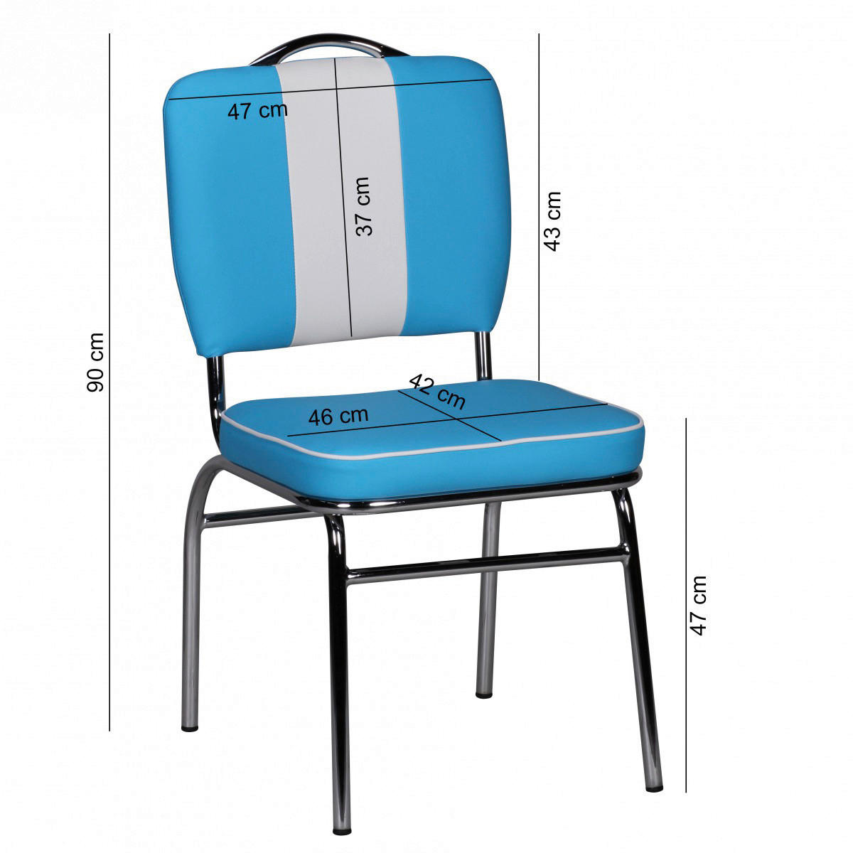 Stuhl blau weiß Chrom Kunstleder Metall Kunstleder B/H/T: ca. 47x90x45 cm Esszimmerstuhl - blau/weiß (47,00/90,00/45,00cm) - Wohnling