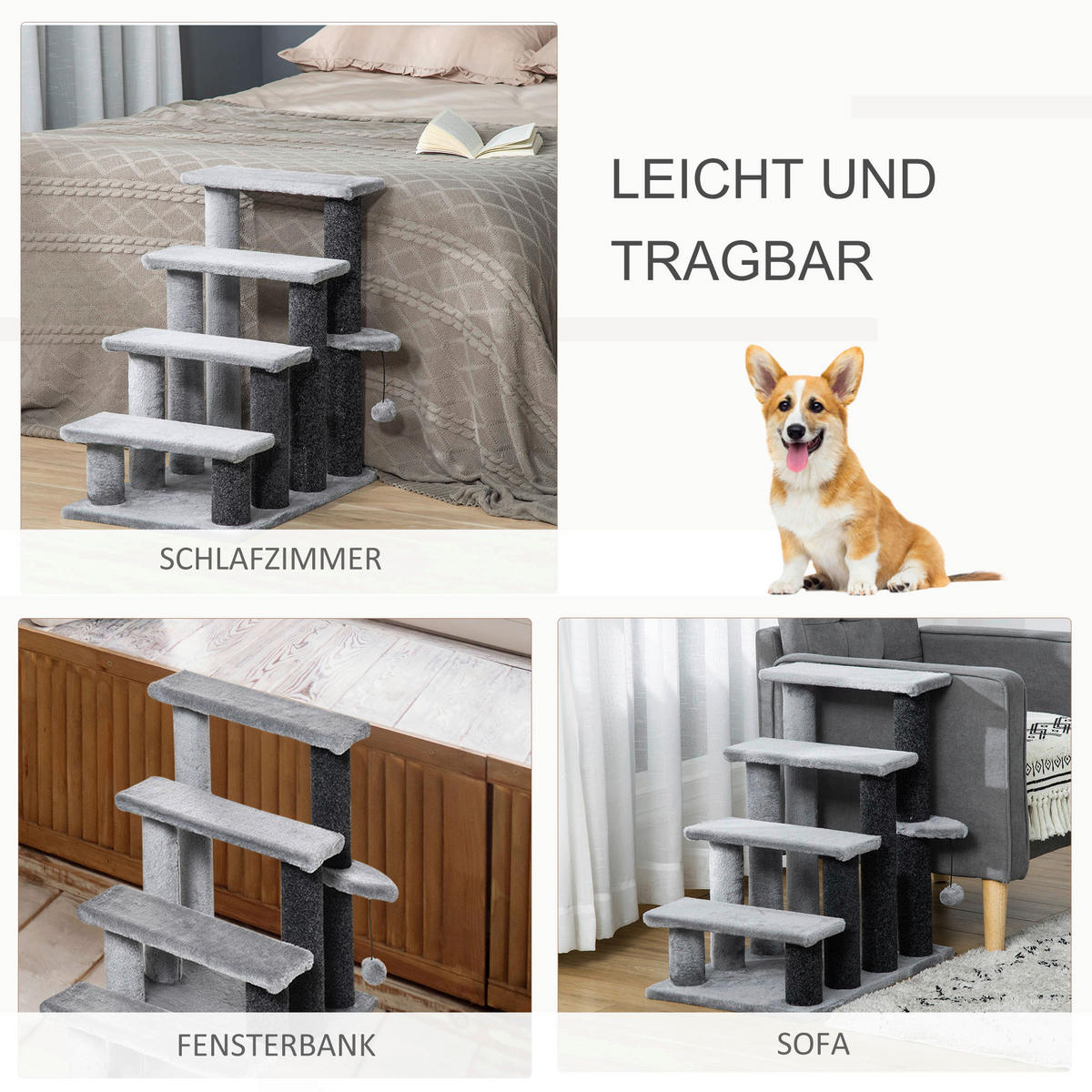 PawHut 4-stufige Haustiertreppe m. Ball grau Polypropylen B/H/L: ca. 40x60x64 cm Haustiertreppe - grau (64,00/40,00/60,00cm) - PawHut