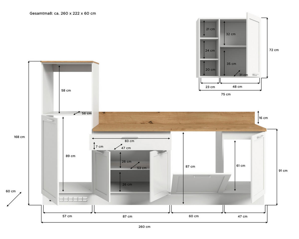 xonox.home Küchenblock Charly Eiche Artisan Nachbildung B/H/T: ca. 260x222x60 cm Charly - Eiche/weiß (260,00/222,00/60,00cm) - xonox.home