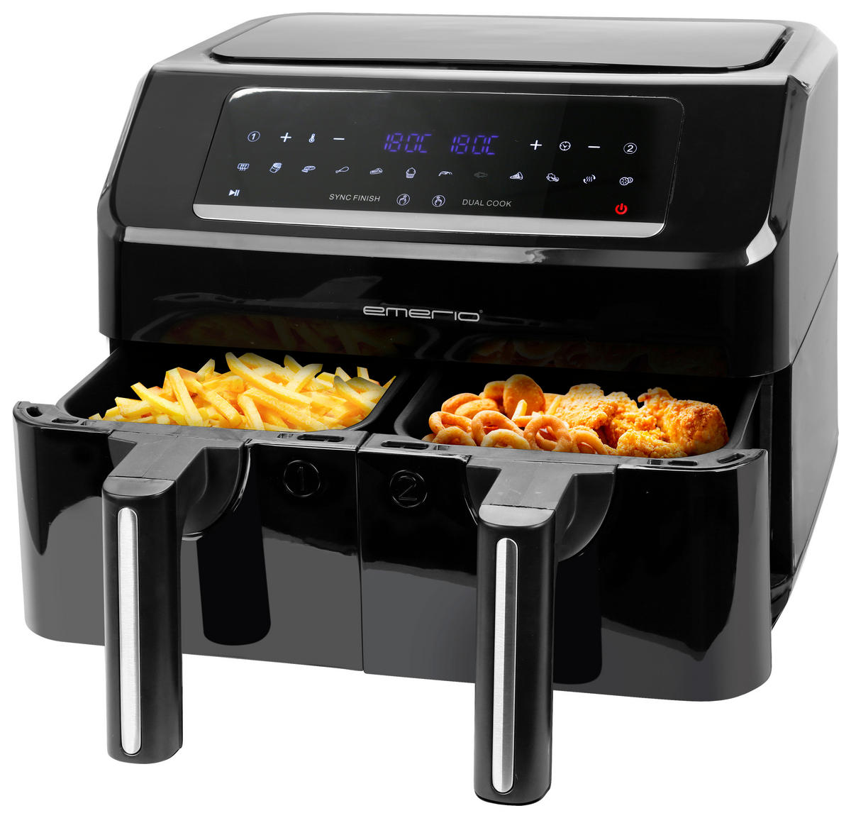 Emerio Heißluftfritteuse AF-130376.1 schwarz Kunststoff B/H/T: ca. 38x29,5x34,6 cm ca. 3,6 l Doppel-Heißluftfritteuse AF130376.1 - schwarz (38,00/29,50/34,60cm) - Emerio