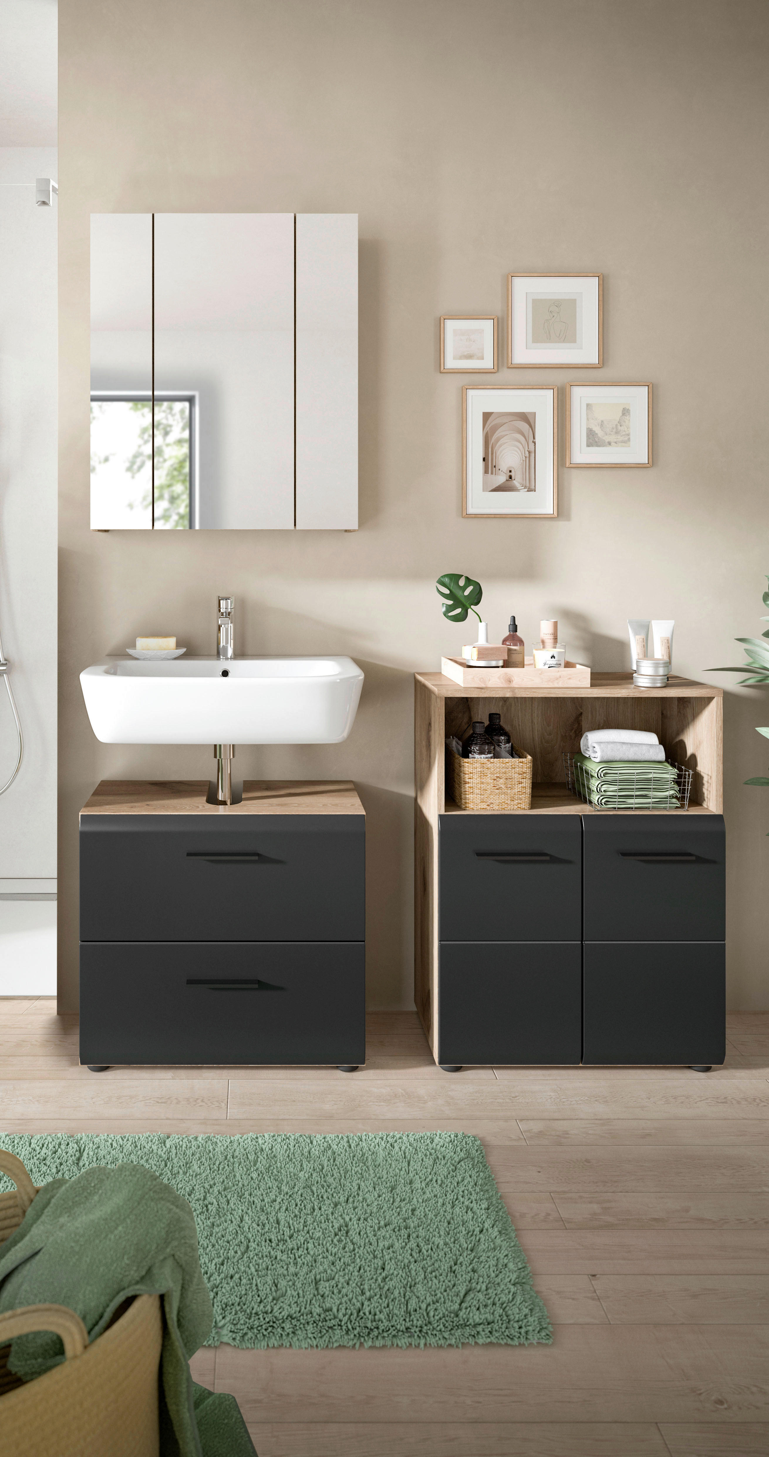 Badezimmer-Set Ice Nox Oak Nachbildung schwarz matt B/H/T: ca. 135x185x30 cm Ice - schwarz (135,00/185,00/30,00cm) - xonox.home