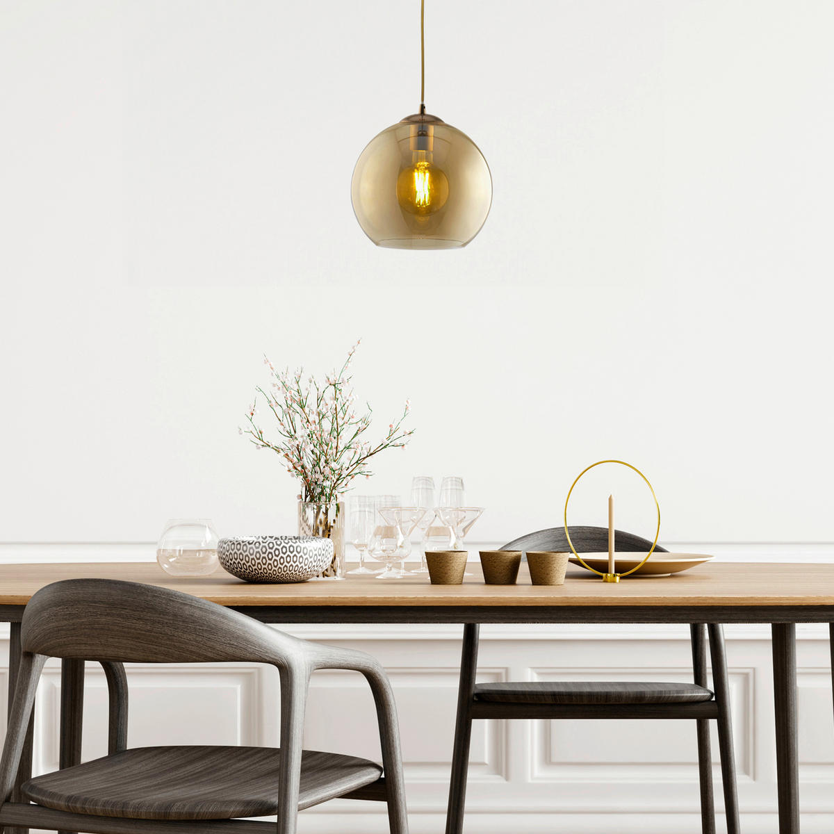 Searchlight Pendelleuchte messing Glas Stahl B/H/D: ca. 30x120x30 cm E27 1 Brennstellen Balls - messing (30,00/120,00cm) - Searchlight