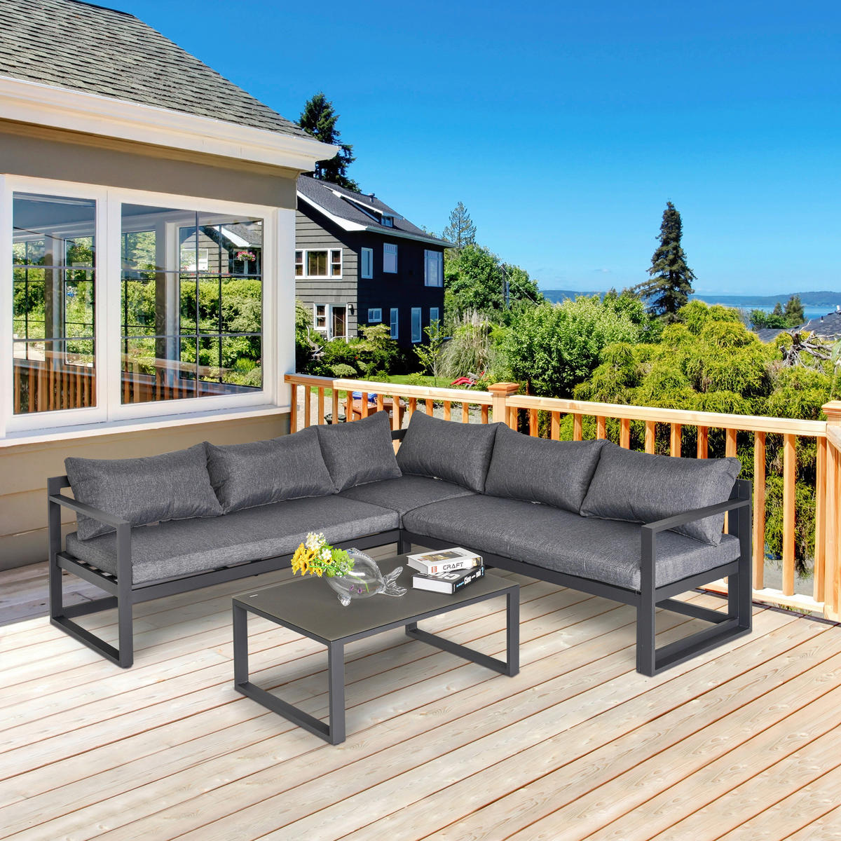 Outsunny Gartensitzgruppe schwarz Glas B/H/L: ca. 70x65x212 cm Gartensitzgruppe - schwarz/grau (212,00/70,00/65,00cm) - Outsunny