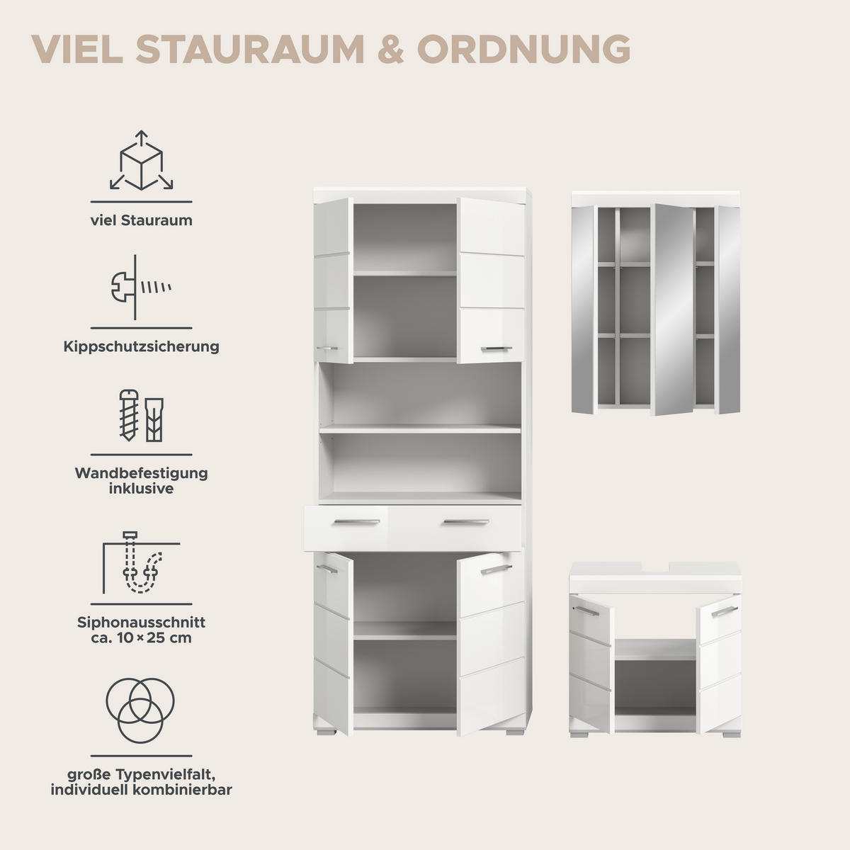 Badezimmer-Set Scout weiß weiß Hochglanz B/H/T: ca. 149x34x191 cm Scout - weiß (149,00/34,00/191,00cm) - xonox.home