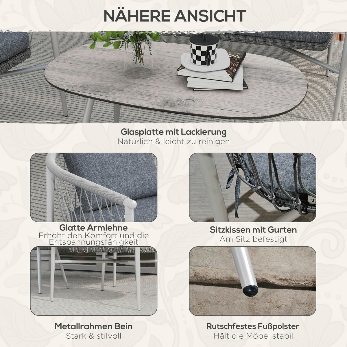 Outsunny Sitzgruppe grau Edelstahl B/H/L: ca. 68x121x67 cm Rattan_Gartenmöbel-Set - grau (67,00/68,00/121,00cm) - Outsunny
