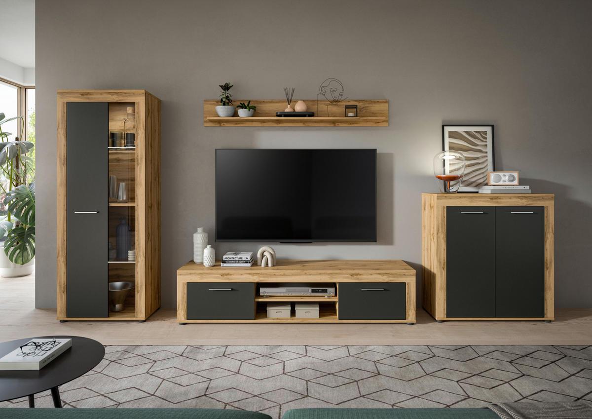 Wohnwand Jam Eiche Wotan Nachbildung grau B/H/T: ca. 330x159x35 cm Jam - Eiche/grau (330,00/159,00/35,00cm) - xonox.home