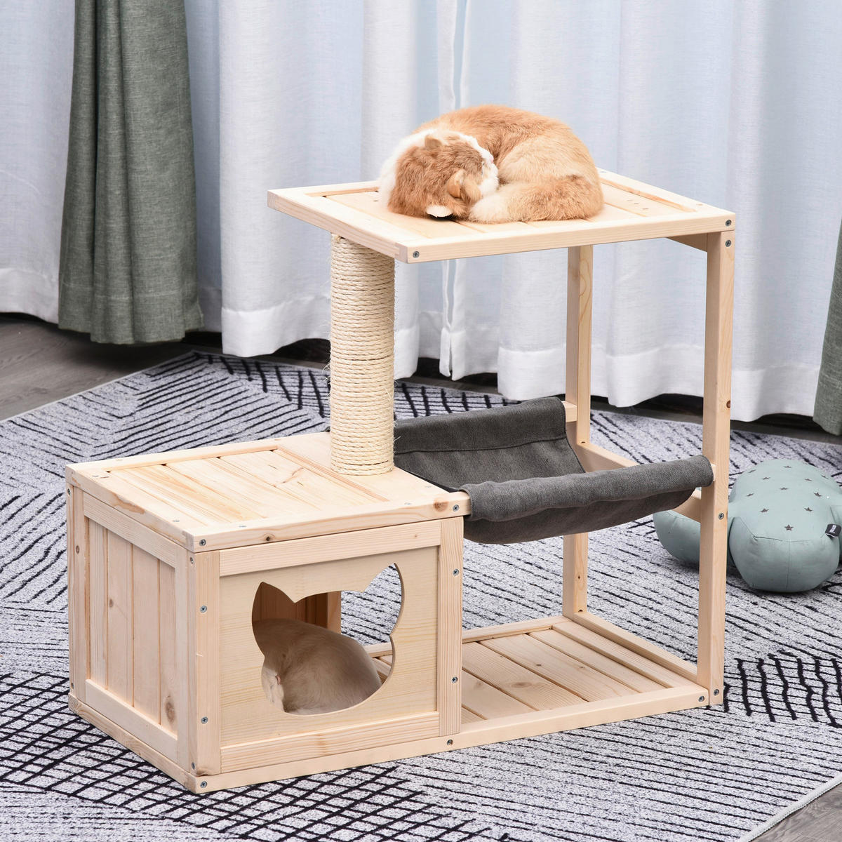 PawHut Katzenhaus natur Holz Katzenhaus mit Hängematte - natur - PawHut