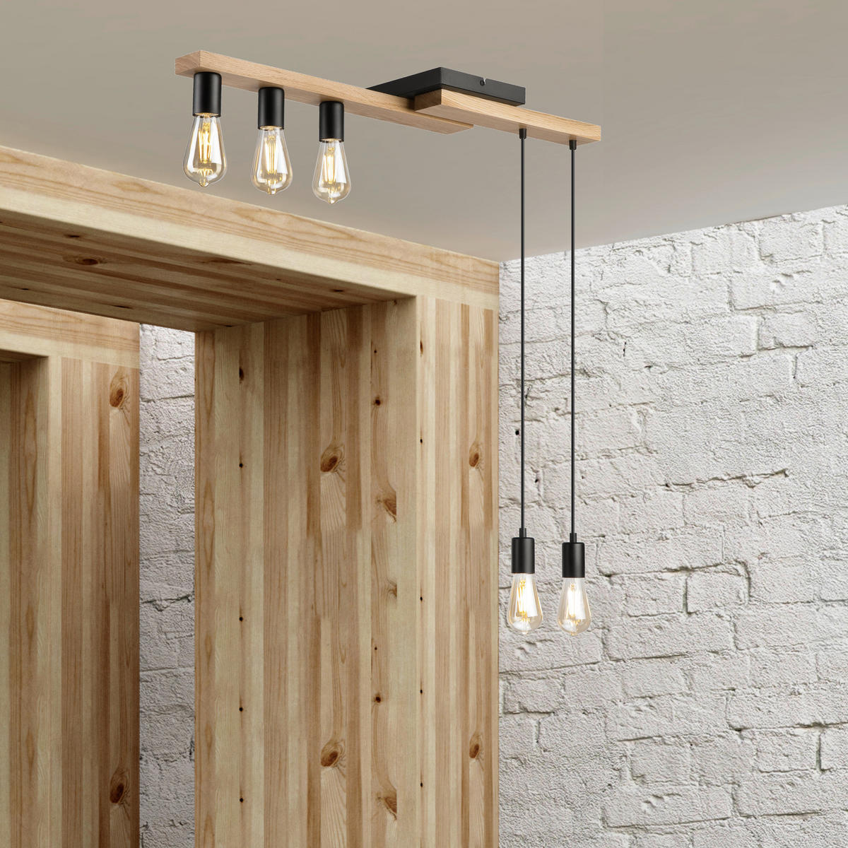 Lamkur Pendelleuchte weiß Holz B/H/L: ca. 20x86x84 cm E27 5 Brennstellen CORTINA - weiß (84,00/20,00/86,00cm) - Lamkur