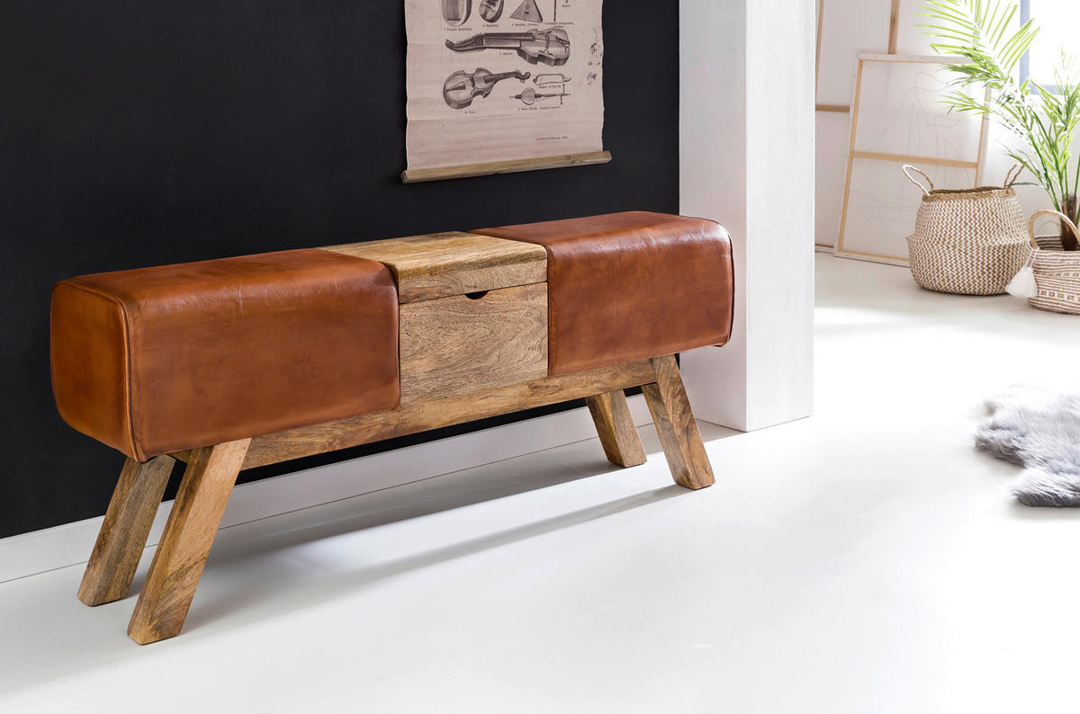 Wohnling Sitzbank braun natur Leder Echtholz B/H/T: ca. 120x53x29 cm Sitzbank - braun/natur (120,00/53,00/29,00cm) - Wohnling