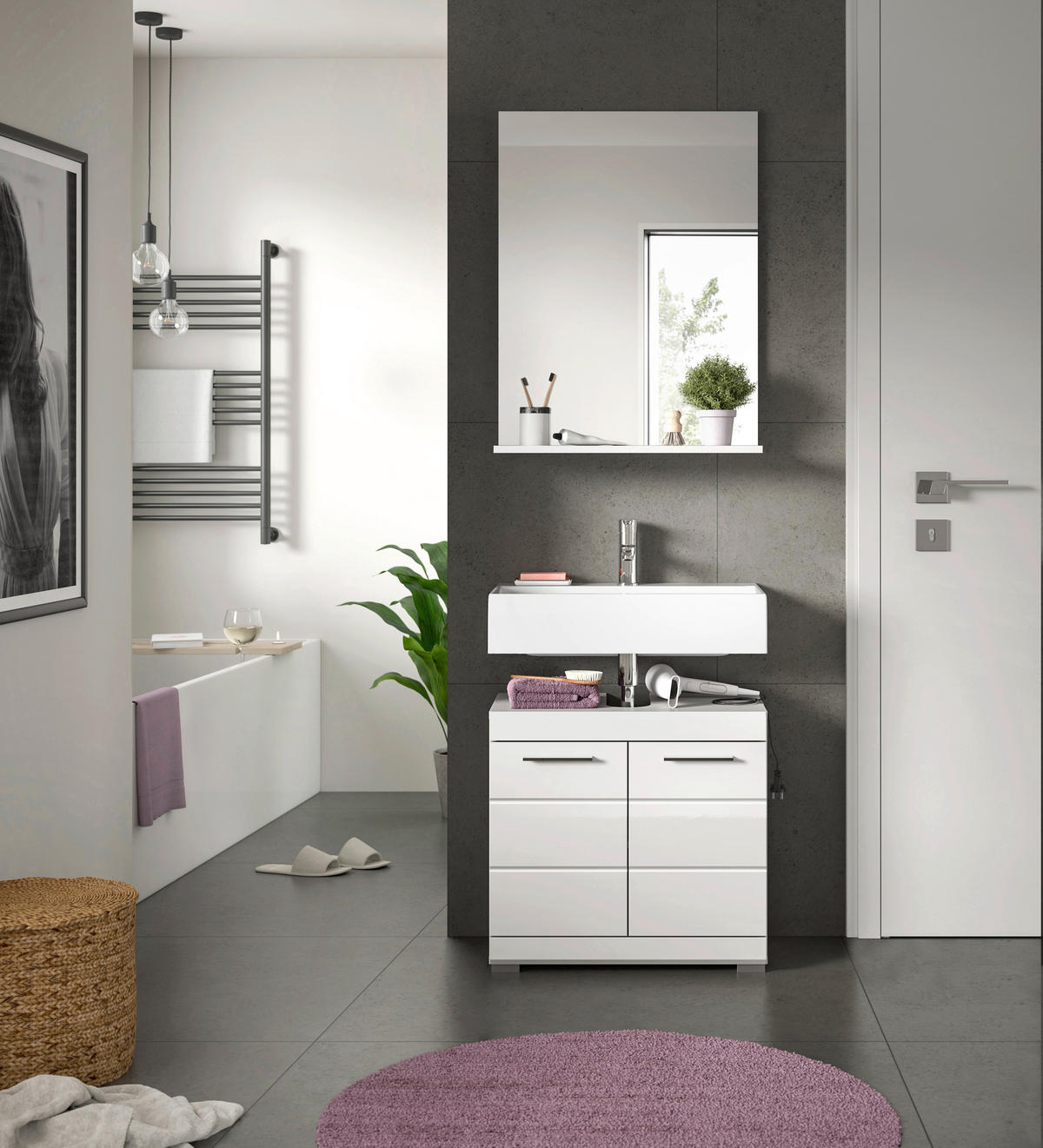 Badezimmer-Set Scout weiß weiß Hochglanz B/H/T: ca. 60x191x34 cm Scout - weiß (60,00/191,00/34,00cm) - xonox.home