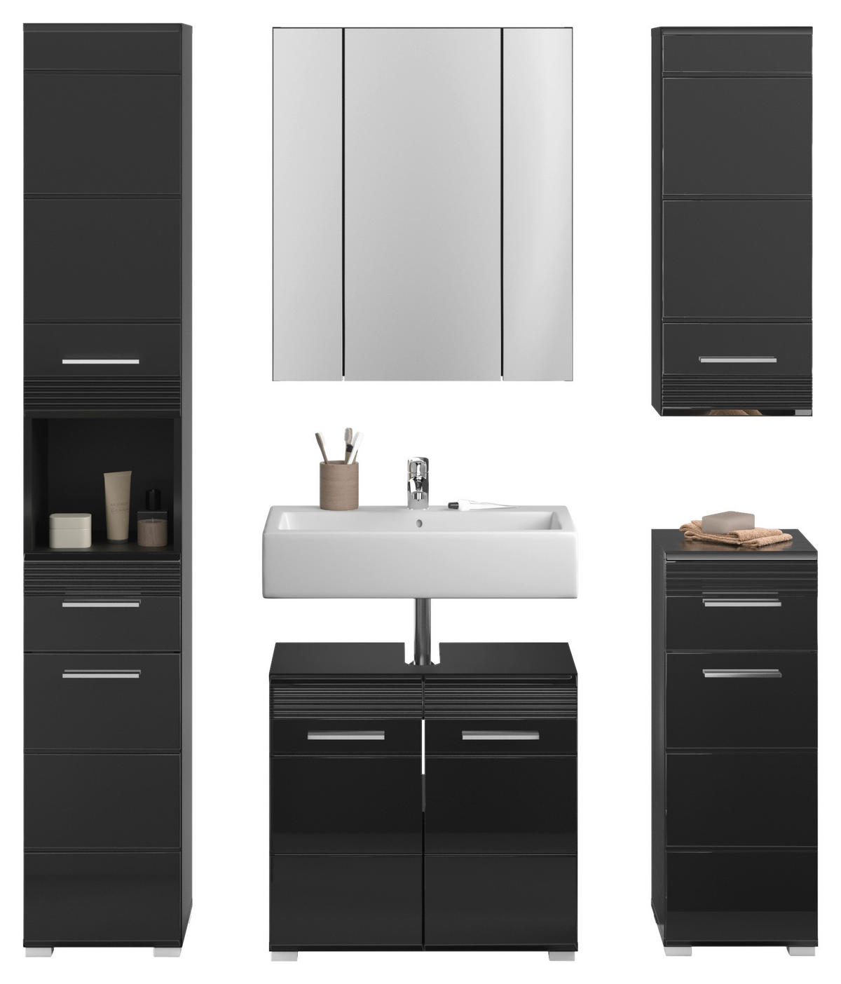 Badezimmer-Set LINUS schwarz schwarz Hochglanz B/H/T: ca. 150x182x34 cm LINUS - schwarz (150,00/182,00/34,00cm) - xonox.home