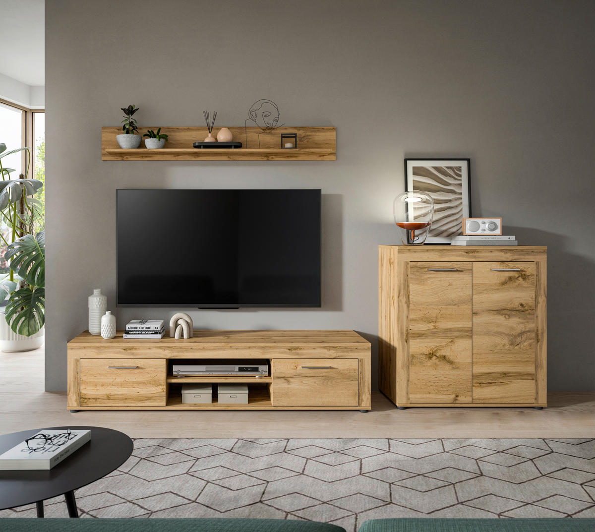 Wohnwand Jam Eiche Wotan Nachbildung B/H/T: ca. 255x159x35 cm Jam - Eiche (255,00/159,00/35,00cm) - xonox.home