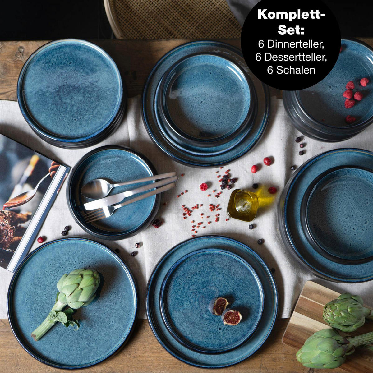 Moritz & Moritz Tafelservice Reaktiv blau Steinzeug 18 tlg. Reaktiv - blau - Moritz & Moritz