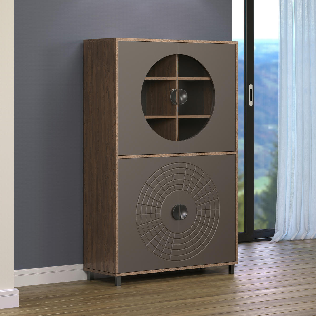 Highboardvitrine Fusion Eiche dunkel Nachbildung bronze Optik B/H/T: ca. 97x163x42 cm Fusion - Eiche/bronze (97,00/163,00/42,00cm)