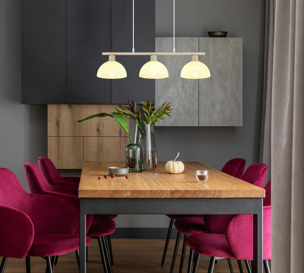 GLOBO Pendelleuchte sand champagner weiß Glas Metall PVC B/H/L: ca. 20x120x77 cm E27 3 Brennstellen SELMA - sand/weiß (77,00/20,00/120,00cm) - GLOBO