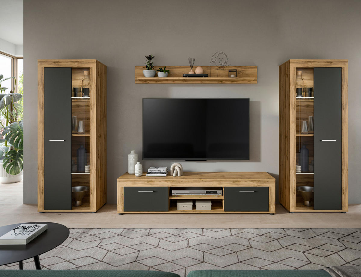 Wohnwand Jam Eiche Wotan Nachbildung grau B/H/T: ca. 310x159x35 cm Jam - Eiche/grau (310,00/159,00/35,00cm) - xonox.home