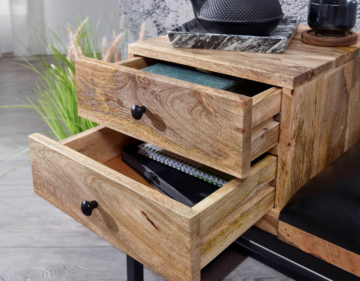 Wohnling Sitzbank natur schwarz schwarz Echtholz Leder Eisen B/H/T: ca. 100x60x35 cm Sitzbank - natur/schwarz (100,00/60,00/35,00cm) - Wohnling