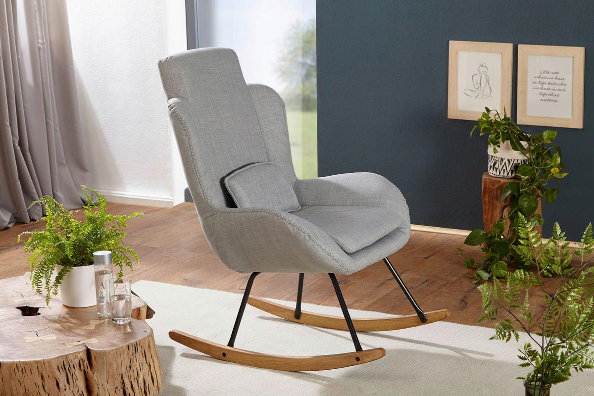Stuhl hellgrau natur Polyester Echtholz B/H/T: ca. 75x110x88,5 cm Schaukelstuhl - hellgrau/natur (75,00/110,00/88,50cm) - Wohnling