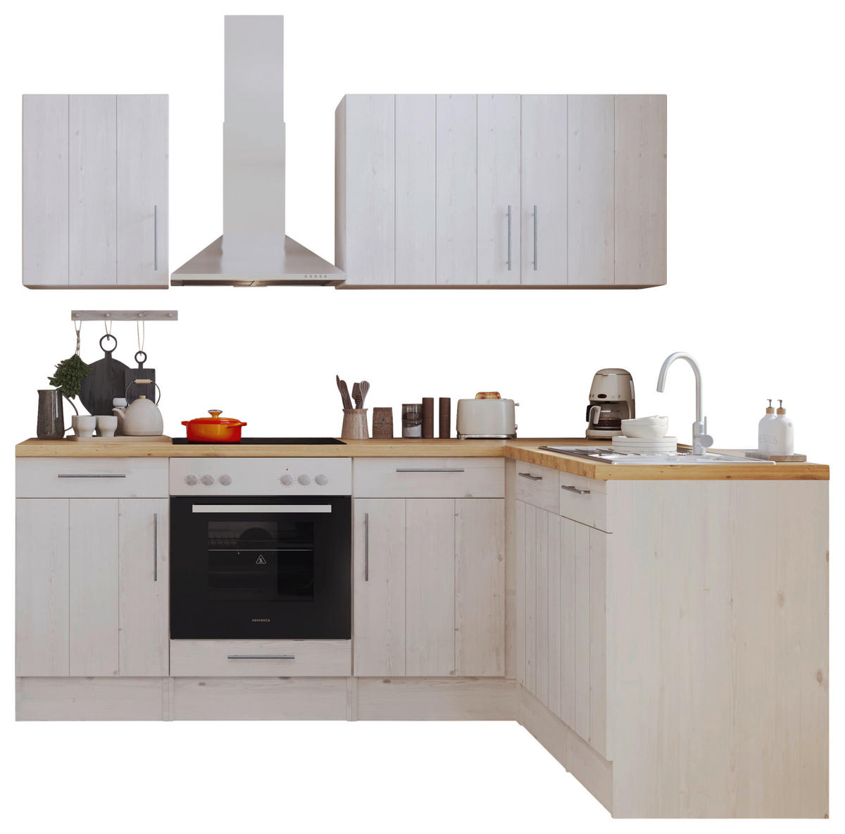 Respekta Winkelküche BERPL220LHWC weiß Lärche Nachbildung B/H/T: ca. 220x211x172 cm BERPL220LHWC - Eiche/weiß (220,00/211,00/172,00cm) - Respekta