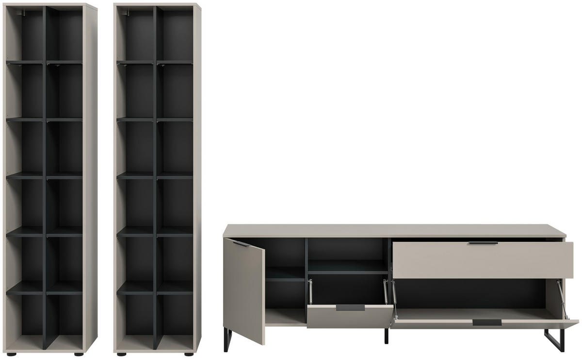 Wohnwand Noida Kaschmirgrau Nachbildung schwarz B/H/T: ca. 305x192x41 cm Noida - schwarz (305,00/192,00/41,00cm) - xonox.home