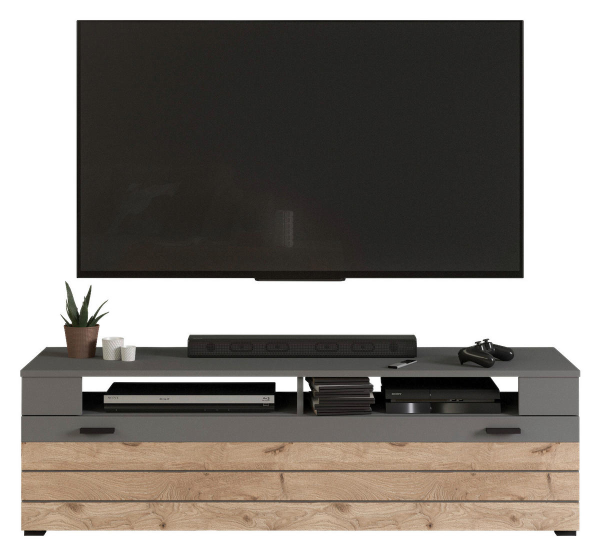 Wohnwand Freno grau matt Eiche Nox Oak Nachbildung B/H/T: ca. 350x195x40 cm Freno - Eiche/grau (350,00/195,00/40,00cm) - xonox.home