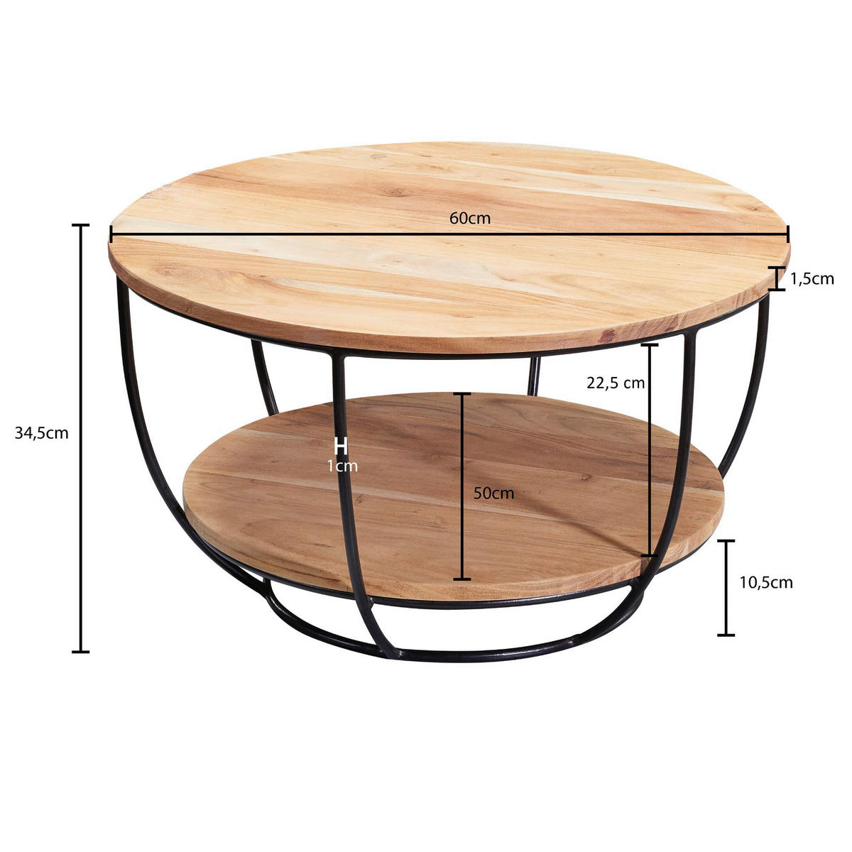 Couchtisch natur schwarz pulverbeschichtet B/H/T: ca. 60x34x60 cm Couchtisch - natur/schwarz (60,00/34,00/60,00cm) - Wohnling