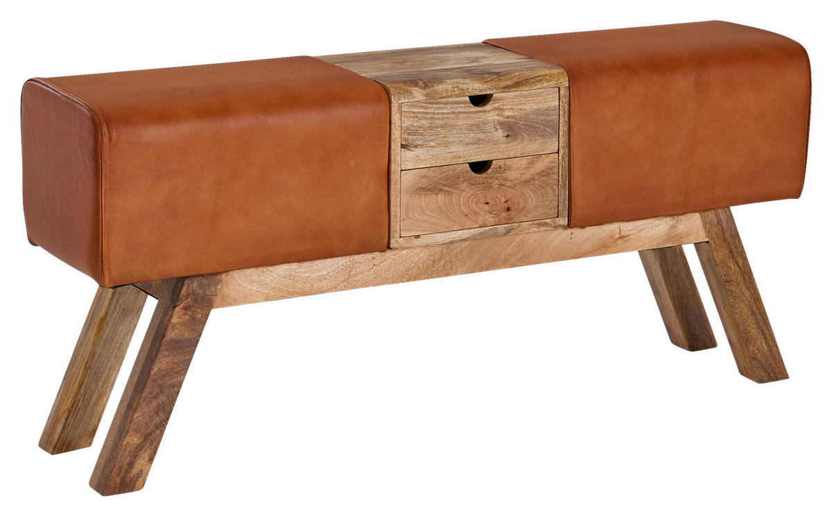 Wohnling Sitzbank braun natur Leder Echtholz B/H/T: ca. 120x56x30 cm Sitzbank - braun/natur (120,00/56,00/30,00cm) - Wohnling