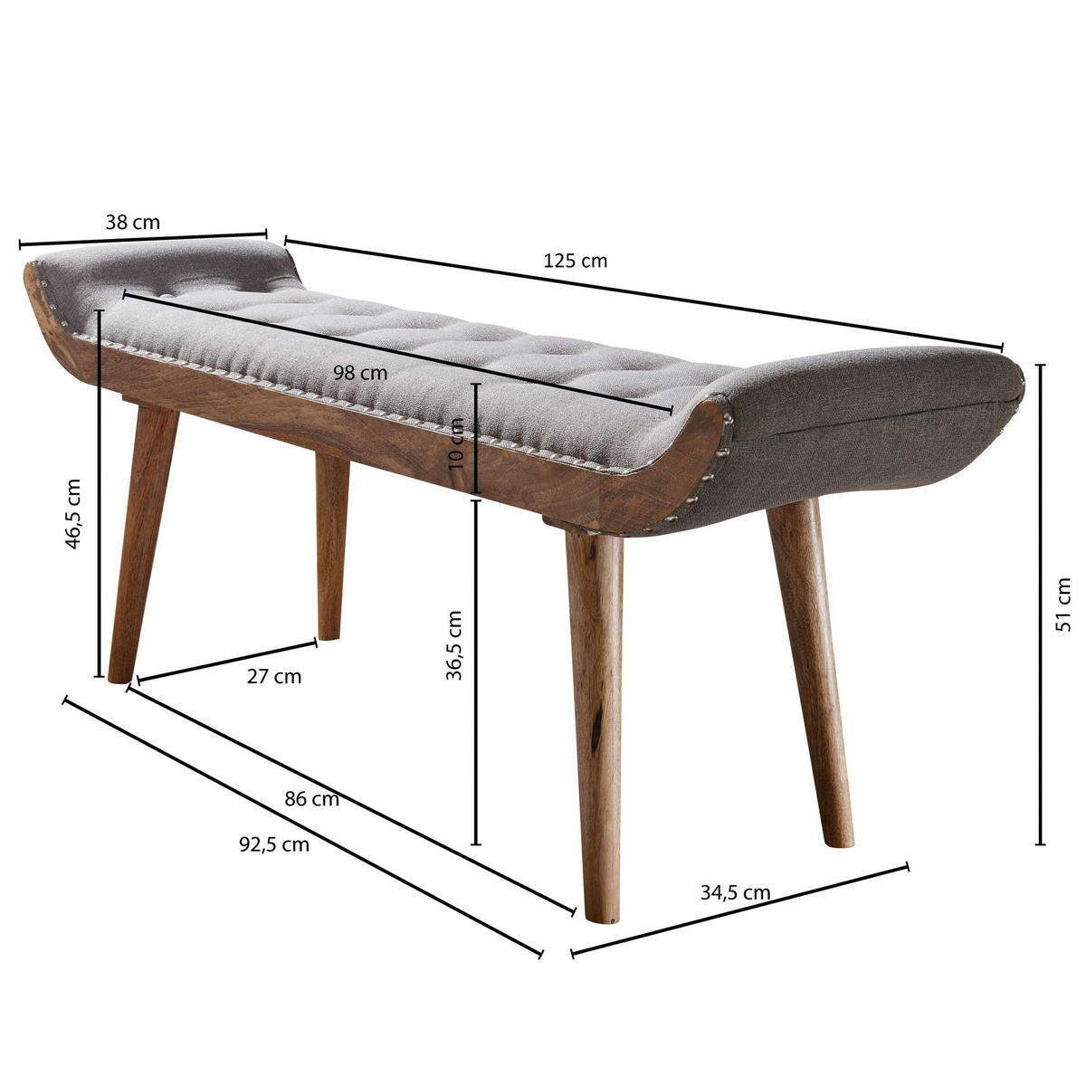 Wohnling Sitzbank grau natur Stoff Echtholz B/H/T: ca. 125x51x38 cm Sitzbank - natur/grau (125,00/51,00/38,00cm) - Wohnling