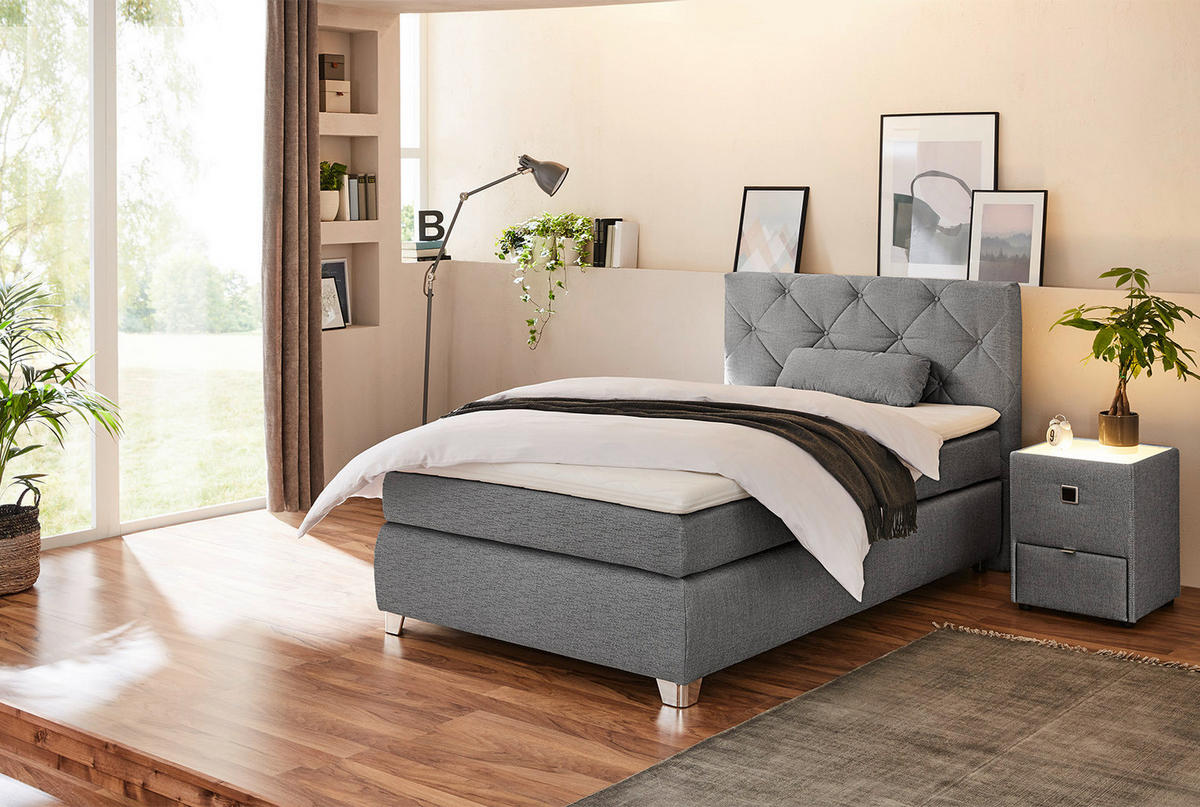 Boxspringbett  grau Flachgewebe Liegefläche B/L: ca. 120x200 cm Finja_H3_Boxspringbett - weiß/Chrom (129,00/106,00/213,00cm)