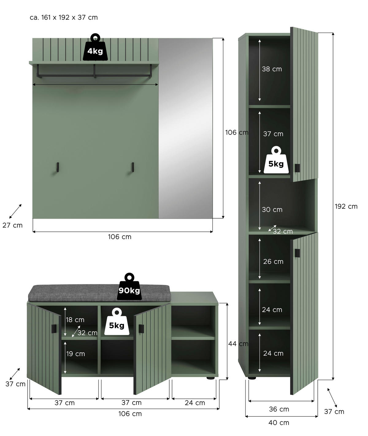Garderobenset STATION grün B/H/T: ca. 161x192x37 cm STATION - grün (161,00/192,00/37,00cm) - xonox.home