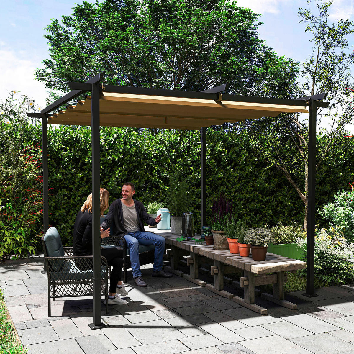 Outsunny Pergola beige Metall B/H/L: ca. 300x227x300 cm Pergola - beige (300,00/300,00/227,00cm) - Outsunny