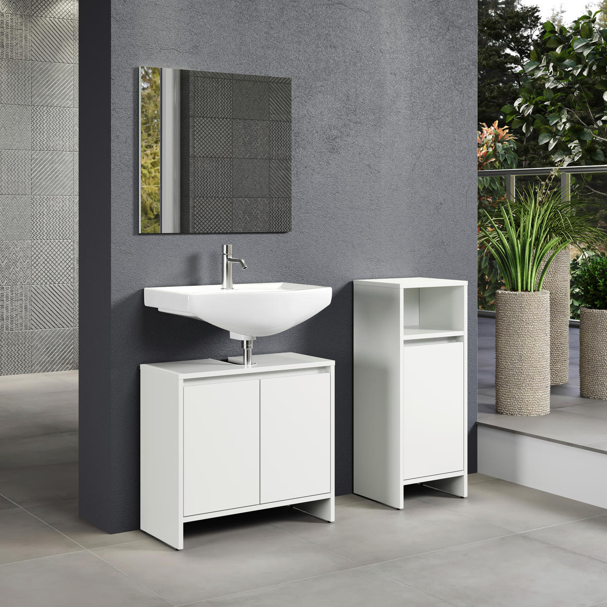 Badezimmer-Set Basix weiß matt grau B/H/T: ca. 107x164x28 cm Basix - weiß/grau (107,00/164,00/28,00cm) - Trendteam