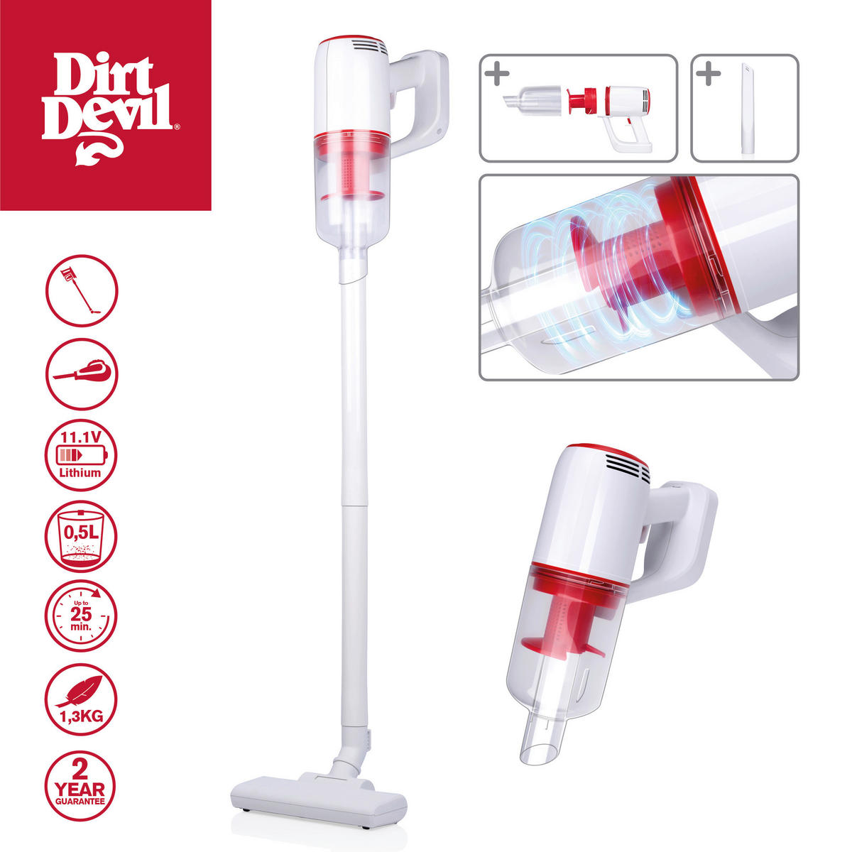 Dirt Devil Hand-/Stielstaubsauger DD9001 weiß rot Akku-Hand-/Stielstaubsauger_DD9001 - weiß/rot - Dirt Devil