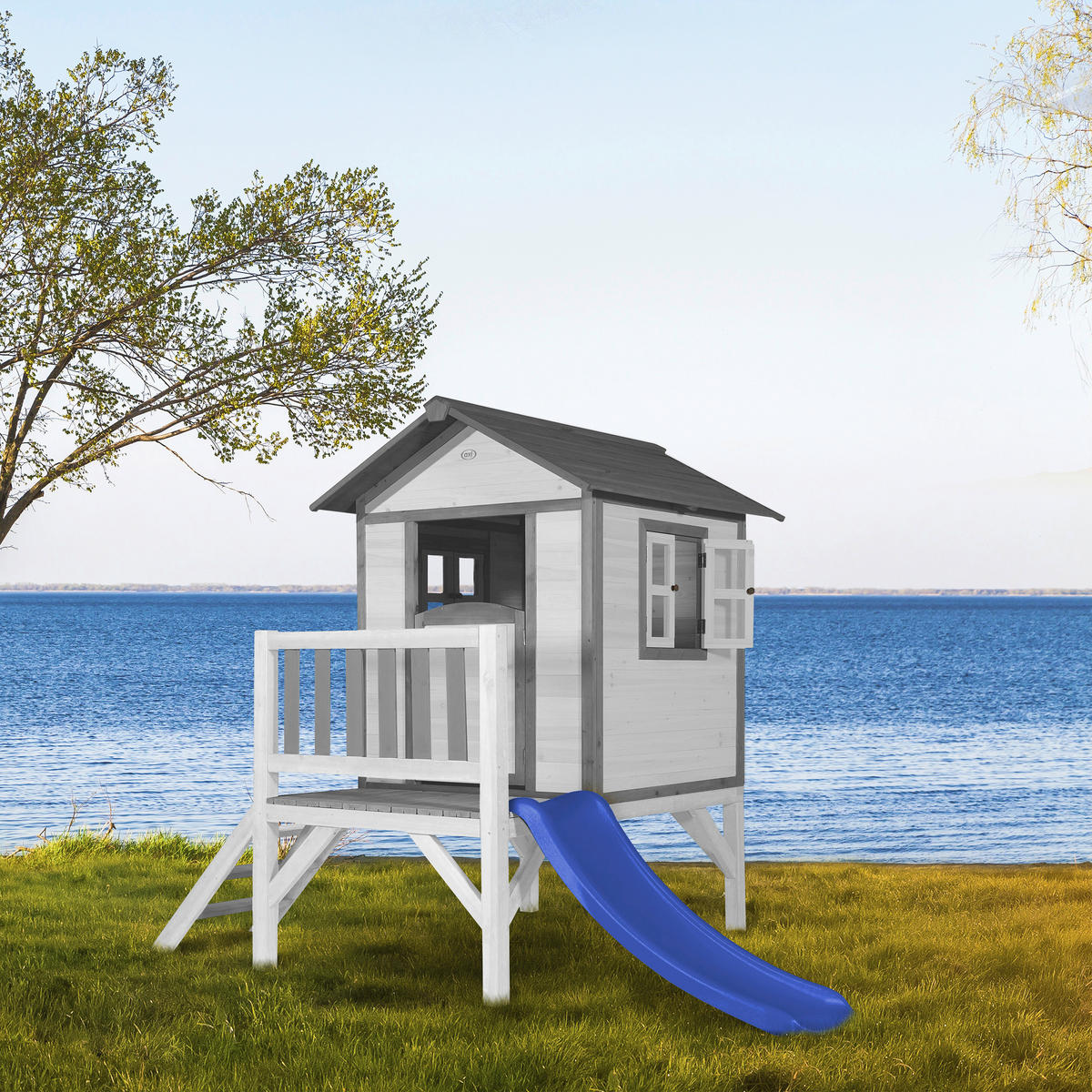 AXI Spielhaus Lodge XL grau B/H/T: ca. 240x189x167 cm Lodge XL - blau/weiß (240,00/189,00/167,00cm) - AXI