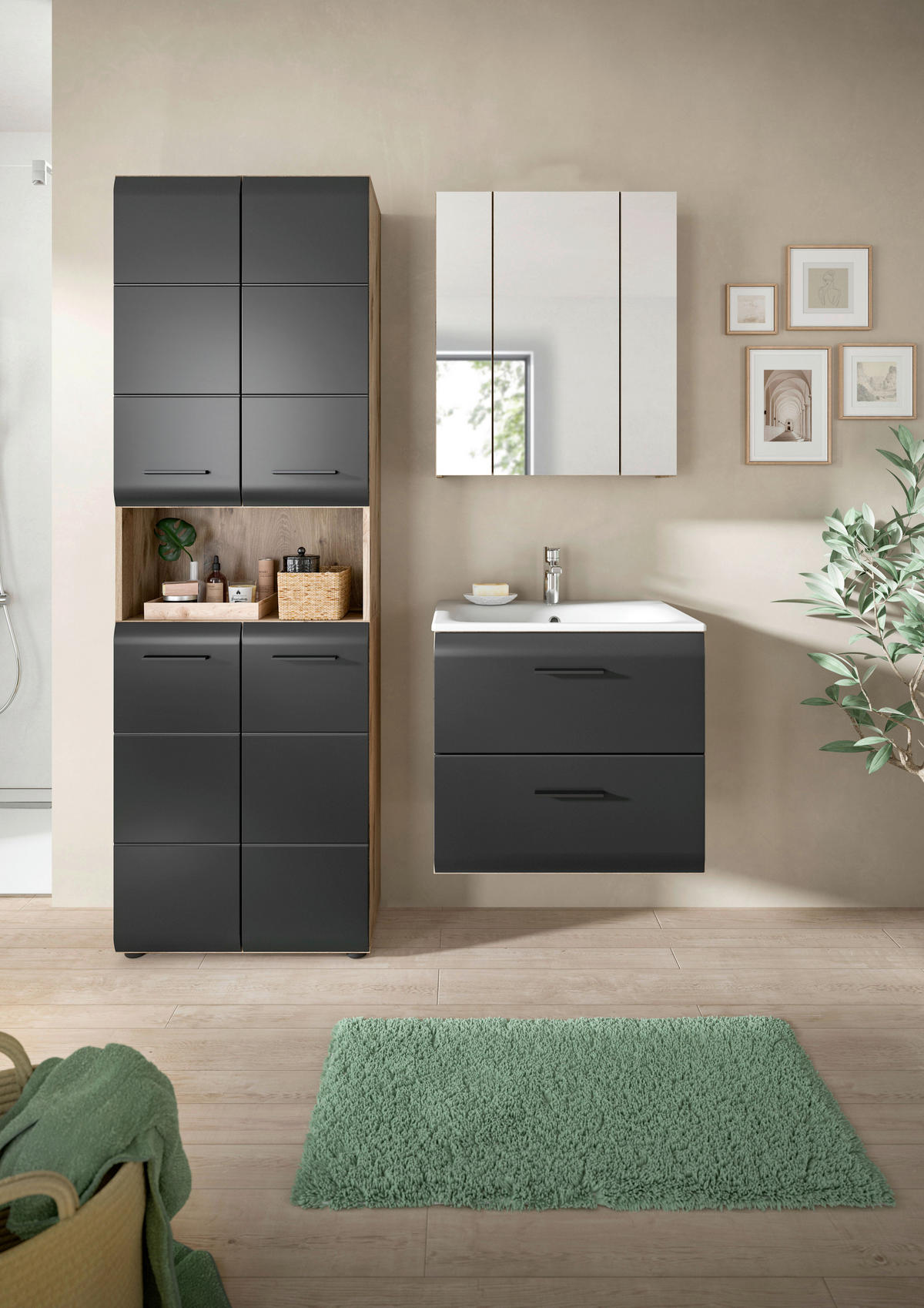 Badezimmer-Set Ice Nox Oak Nachbildung schwarz matt B/H/T: ca. 135x185x46 cm Ice - schwarz (135,00/185,00/46,00cm) - xonox.home