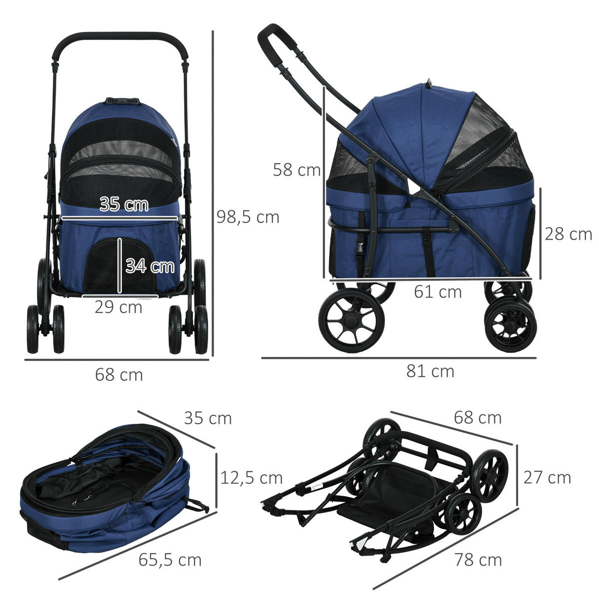 PawHut Hunde-Zubehör blau Edelstahl B/H/L: ca. 68x81x98,5 cm Hundebuggy - blau (98,50/68,00/81,00cm) - PawHut