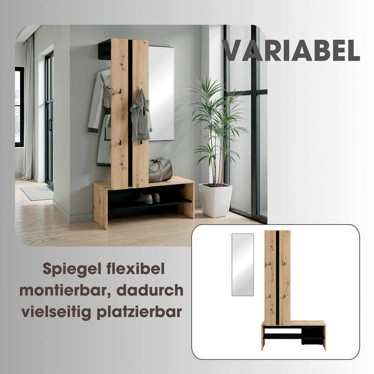 Garderobenset NANTE Eiche schwarz B/H/T: ca. 100x186x40 cm NANTE - Eiche/schwarz (100,00/186,00/40,00cm) - byLIVING