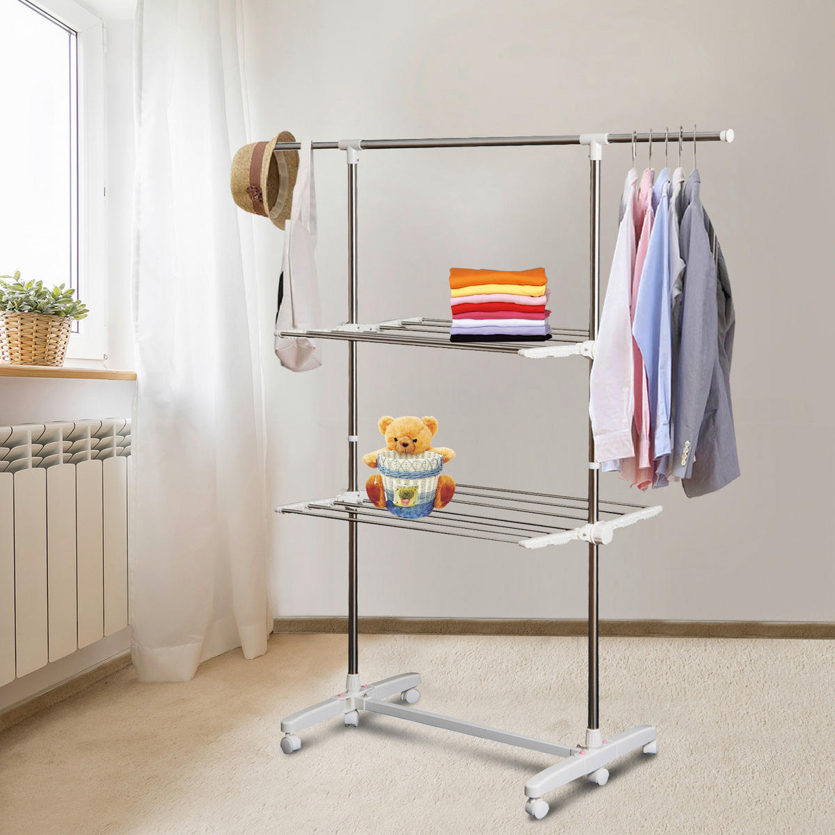 HOMCOM Turmwäscheständer silber Edelstahl H/T/L: ca. 154x62x136 cm Turmwäscheständer mit 2 Ebenen - silber (136,00cm) - HOMCOM