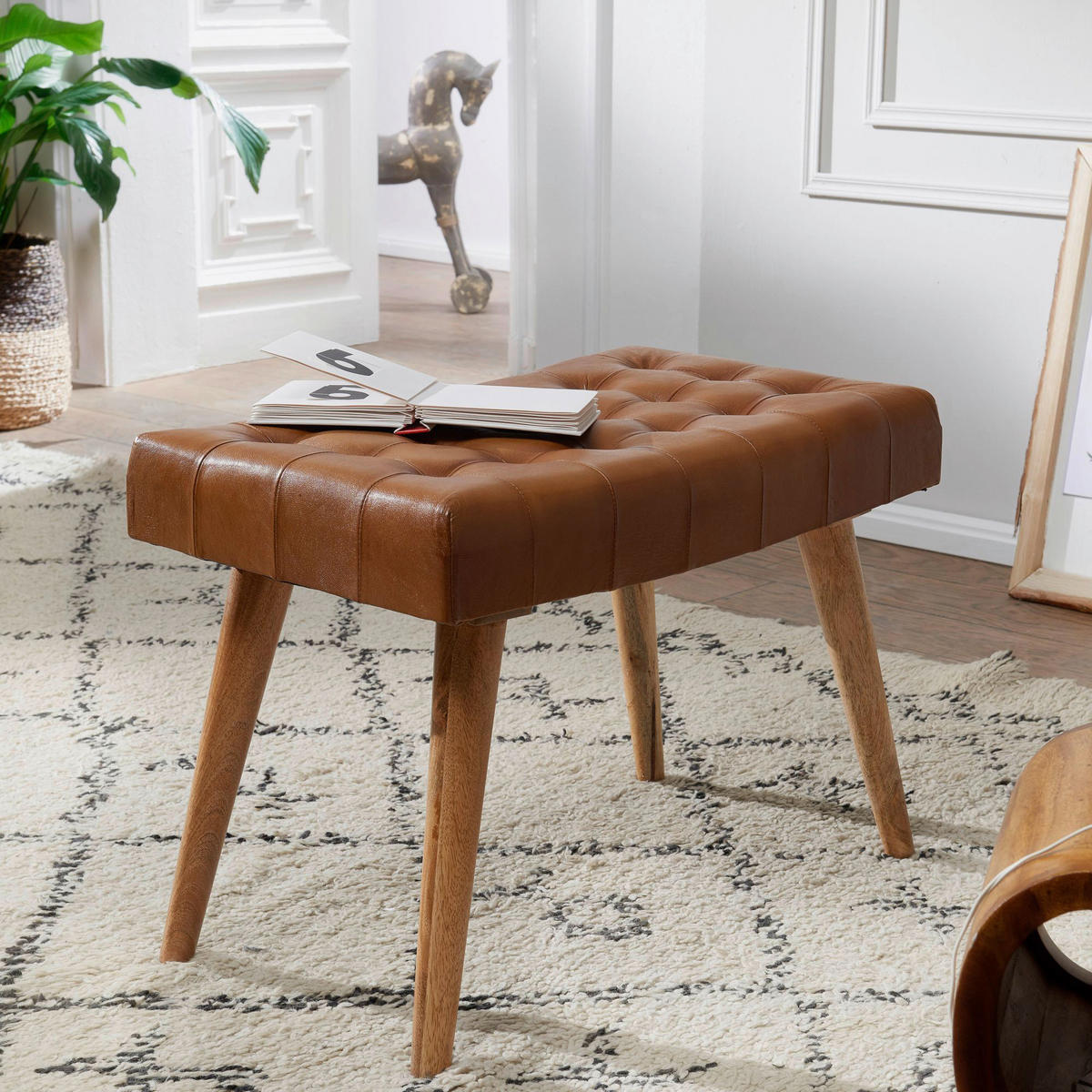 Wohnling Sitzhocker braun natur Leder Echtholz B/H/T: ca. 67x47x39 cm Sitzhocker - braun/natur (67,00/47,00/39,00cm) - Wohnling